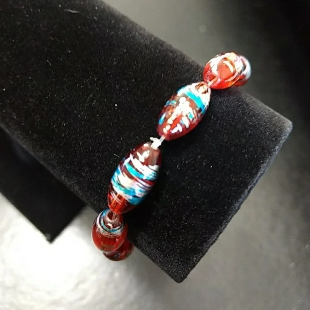 Silver blue orangish brown bead bracelet 6